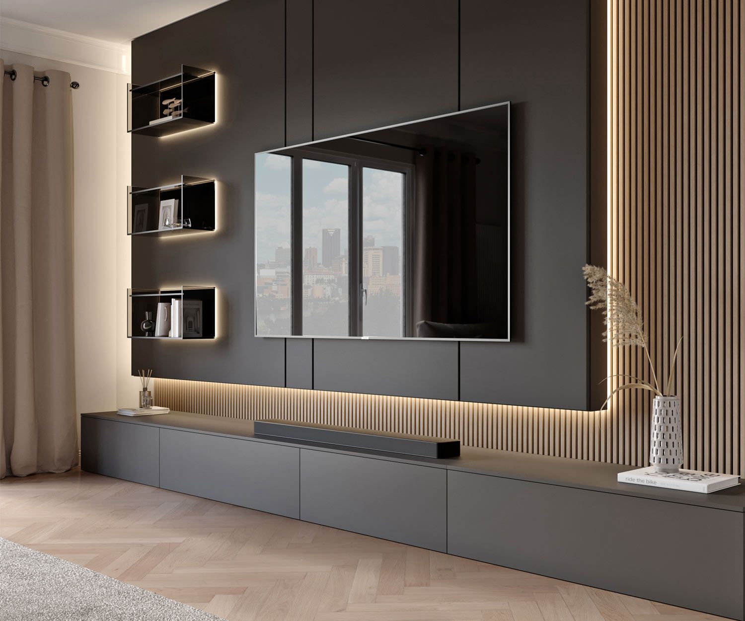 Design TV Design Lowboard au sol Mat gris foncé laqué