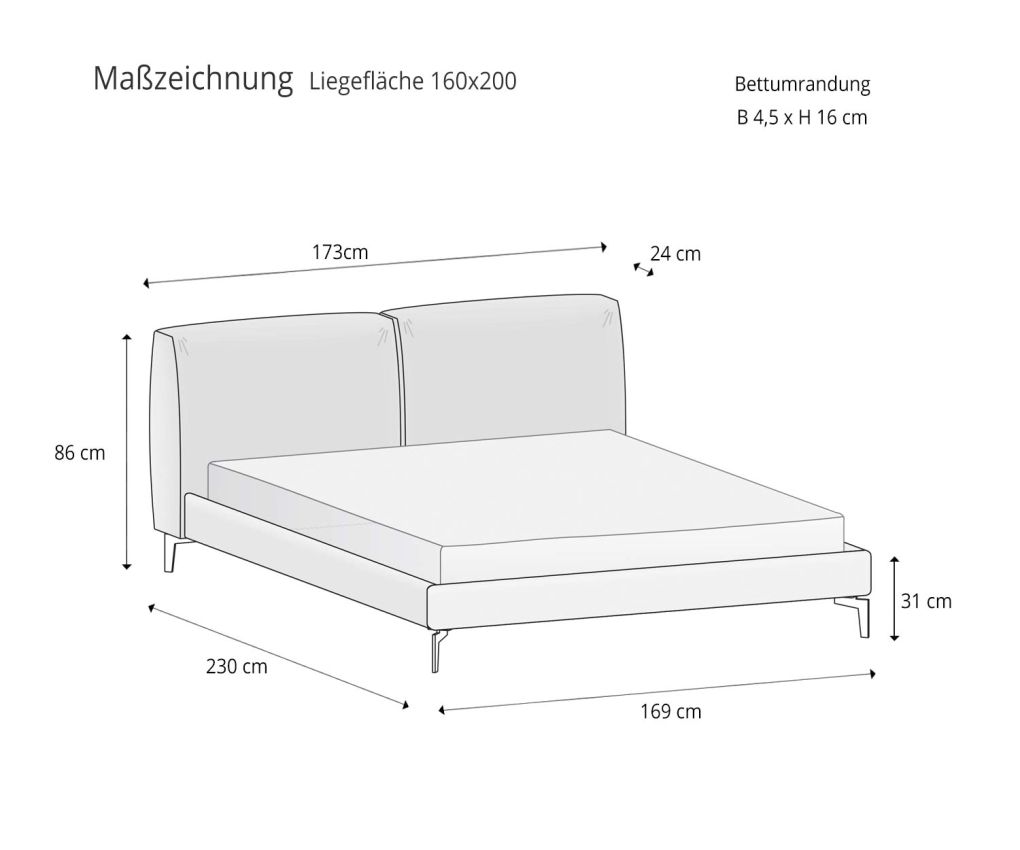Margot Design Lit de Novamobili Esquisse Dimensions Tailles Surface de couchage 160x200 Surface de couchage