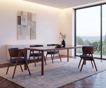 Table de repas al2 ka-bera 001 b dans une salle à manger moderne. Table élégante en bois foncé avec chaises assorties.