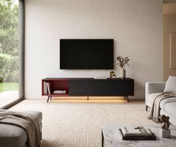 Meuble TV Lowboard Livitalia Minimal pour le salon. Corps noir, niche ouverte rouge et éclairage LED sous le meuble.