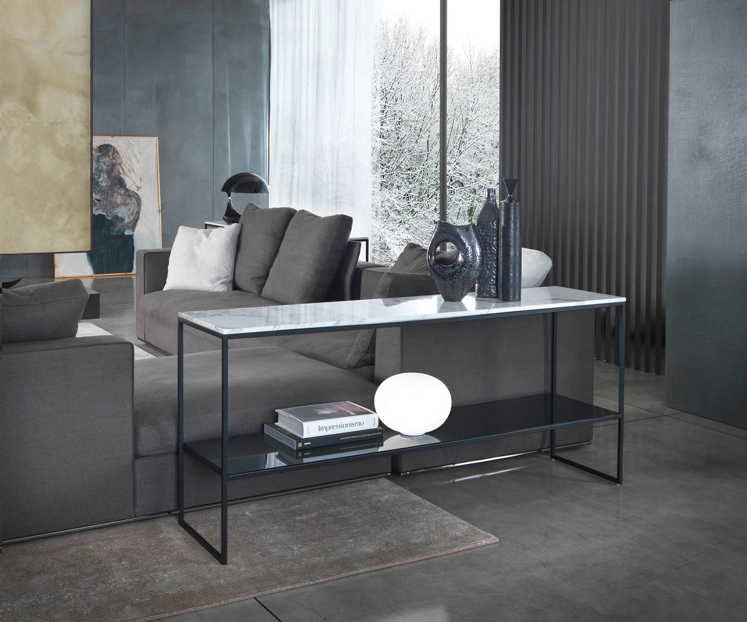 Moderne Marelli Console design Frame Carrara Plateau en marbre Salon