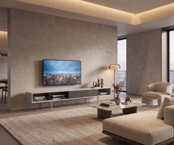 Meuble TV bas al2 Mobius 005 dans un salon moderne, banc TV design minimaliste avec tiroir en bois d'eucalyptus.