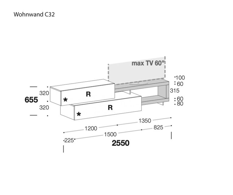 Livitalia TV Meuble-paroi C32 Esquisse Dimensions Dimensions
