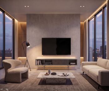 Meuble TV bas al2 Mobius 005 dans un salon moderne, avec cadre gris, tiroir en eucalyptus et pieds fins en métal