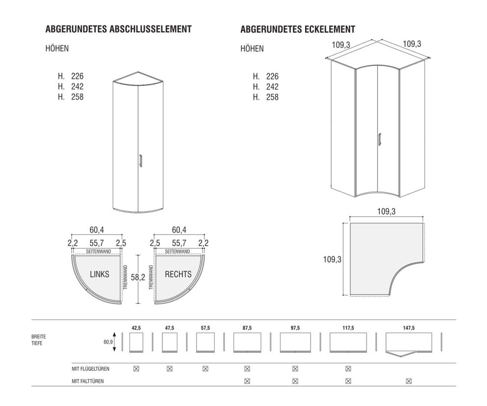 Élément d'angle rond et élément de finition Dimensions Croquis Tailles