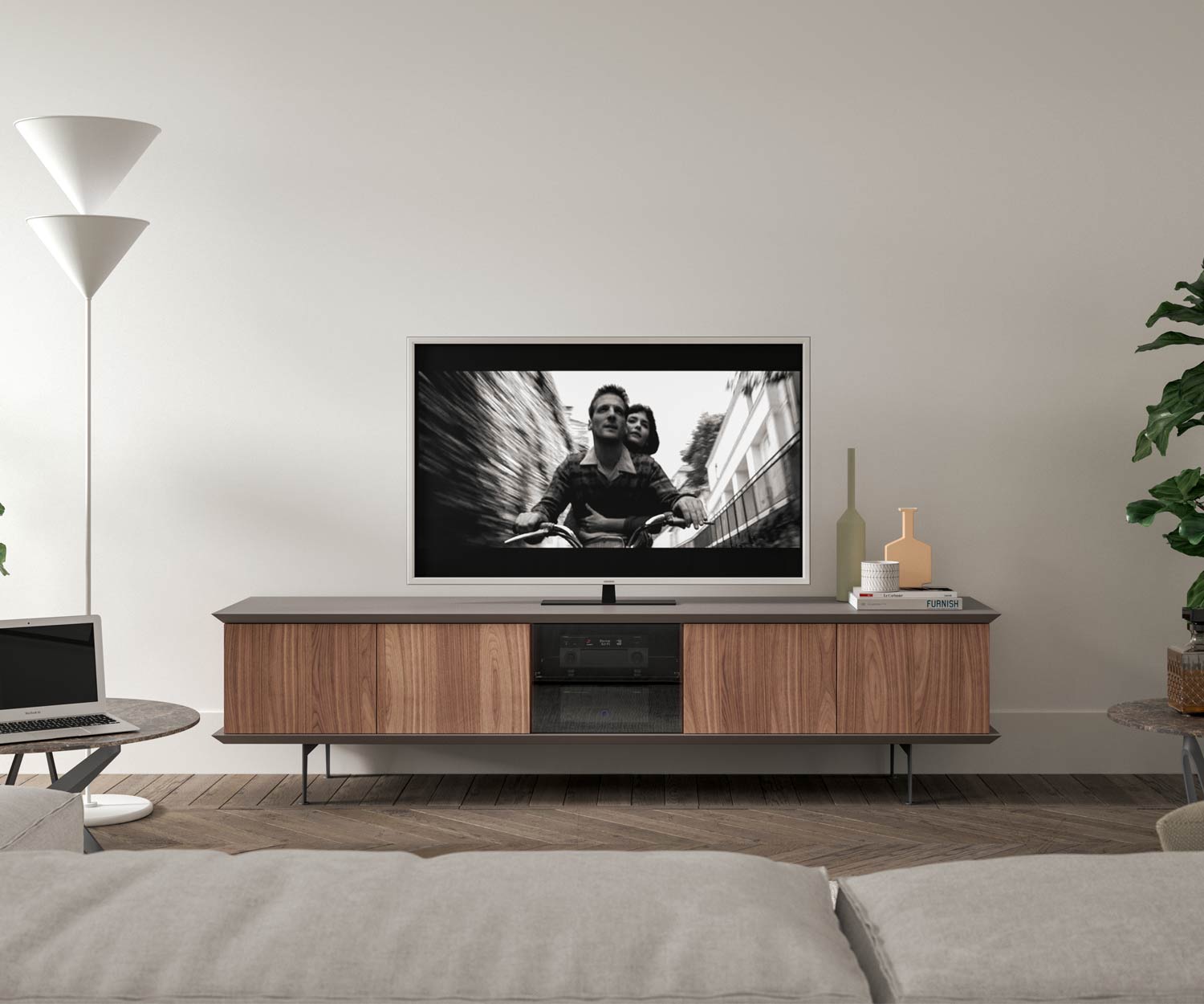 TV Lowboard avec porte en verre pour la technique