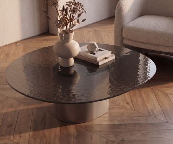 Table basse al2 dakry 006 pour salon, plateau en verre texturé sombre et piètement beige, style minimaliste chaleureux.