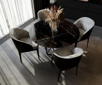 Black Black Marble Table à manger ronde avec chaise en velours