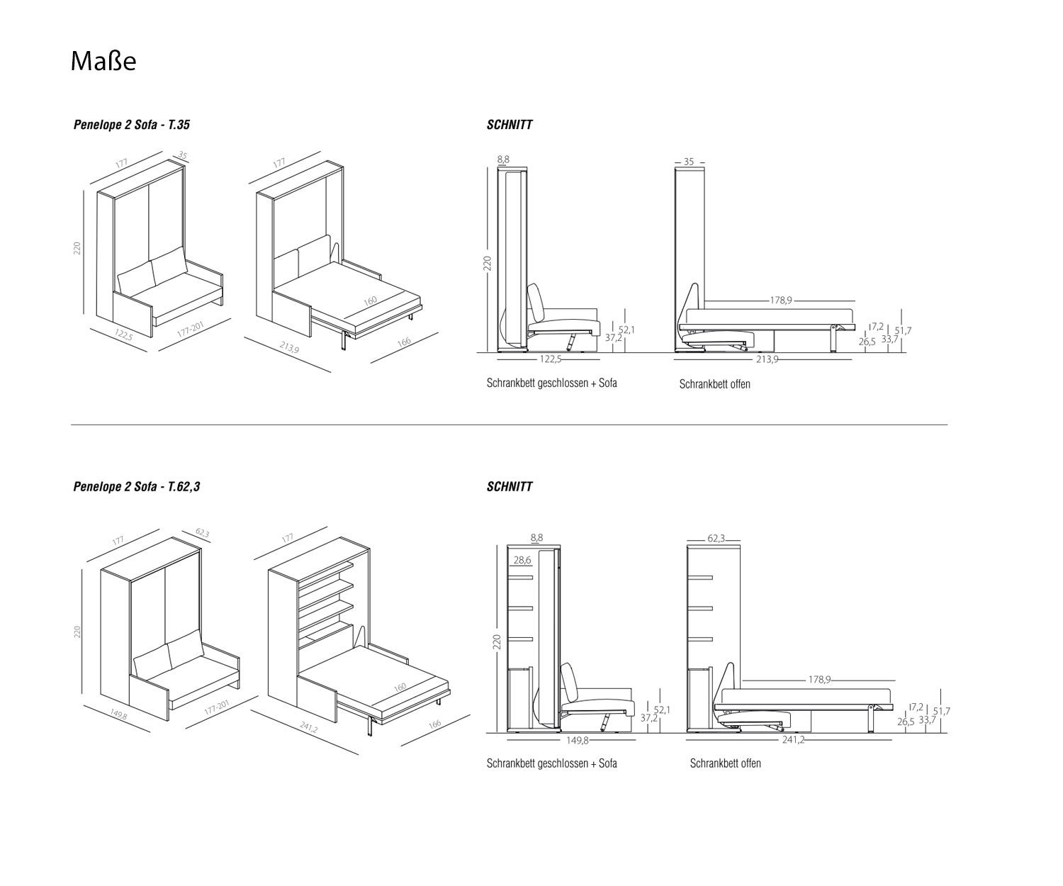 Clei Penelope 2 lit armoire design avec canapé Dimensions Esquisse
