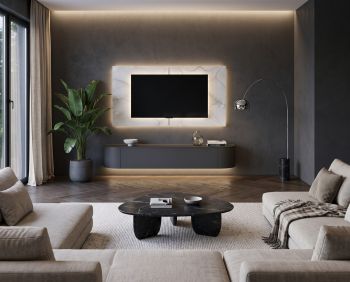 TV Paneel Keramik Schwarz B 180 cm mit dem hängenden Lowboard Tondora in Dunkelgrau