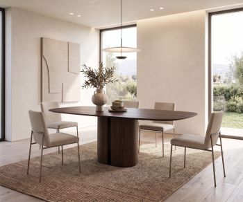 Table de repas al2 el-it c 001 en bois foncé dans une salle à manger minimaliste avec des chaises beiges.