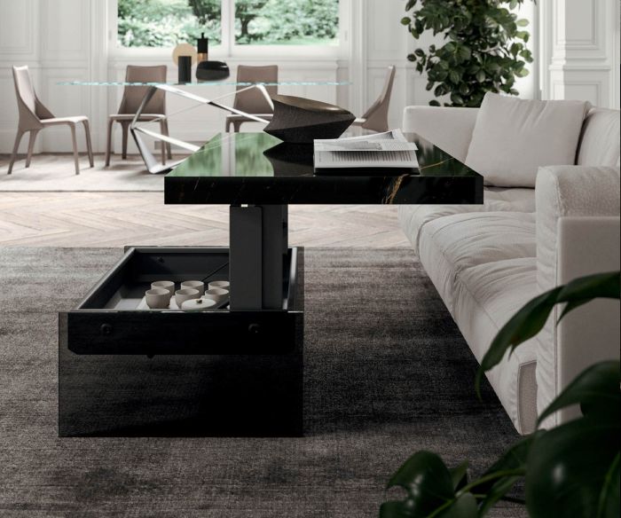Table basse Bellagio Plateau de table en marbre Verre relevé Compartiment de rangement
