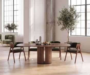 Table à manger al2 el-it c 001 en bois pour salle à manger moderne, dans un loft lumineux avec chaises vertes.