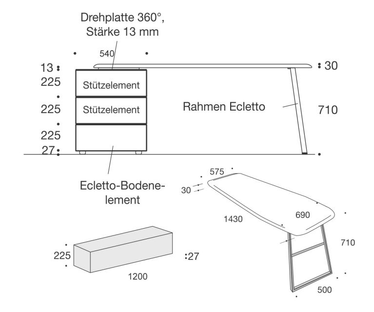 Livitalia Ecletto Design Commode avec coiffeuse Esquisse Dimensions Dimensions
