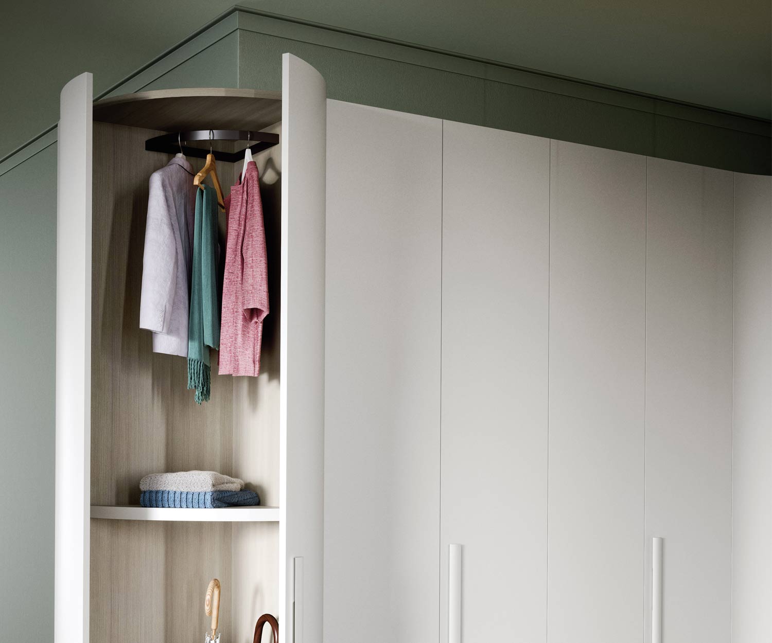 Armoire ronde Alfa Curvo avec penderie et porte battante ouverte
