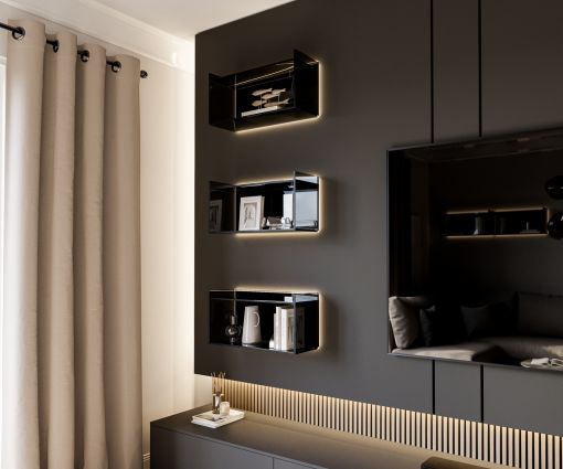 Etagère murale suspendue Livitalia verre design intégrée dans le panneau mural du salon